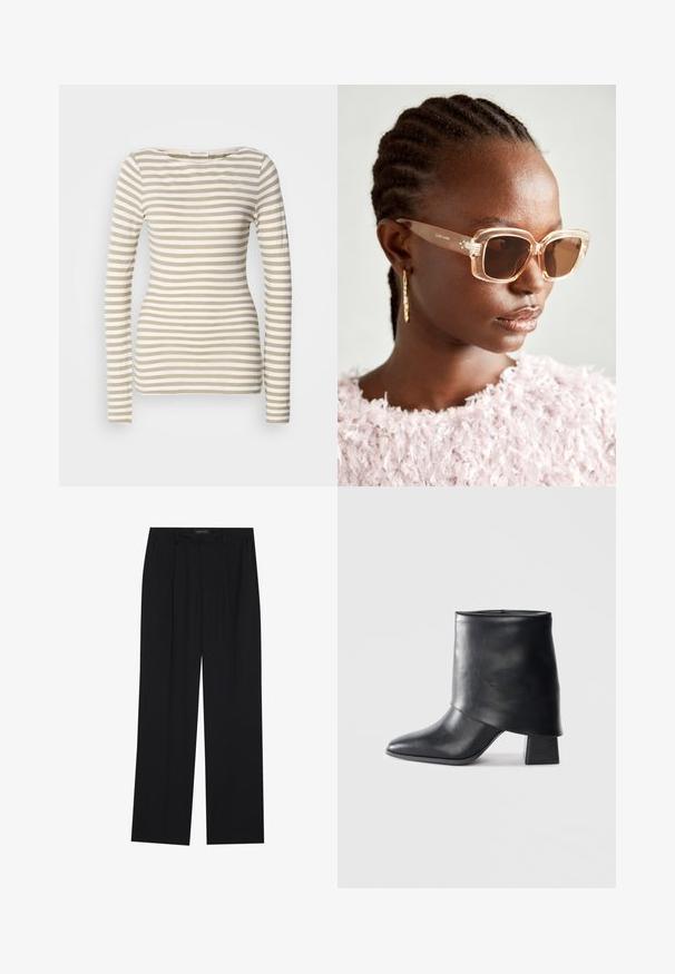 Bézs és fehér csíkos, hosszú ujjú felső. Puha pamut anyag, vízszintes kivágással. Testhez simuló dizájn keskeny vízszintes csíkokkal.; Fekete nadrág egyenes szárú kialakítással, két első zsebbel és derékrésszel. Simának és könnyű anyagból készült.; Fekete bőr bokacsizma, hegyes orral, sima felülettel és strukturált blokk sarokkal. Magas, hajtott szegéllyel rendelkezik.; Beige, oversized napszemüveg átlátszó kerettel és barna árnyékolt lencsékkel, diszkrét virágos díszítéssel és merész, geometrikus formával.