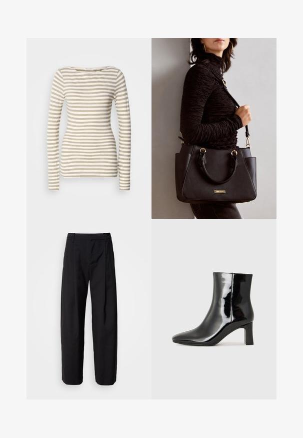 Camisola de manga longa riscada em bege e branco. Tecido de algodão suave com decote bateau. Design ajustado com riscas horizontais estreitas.; Calças pretas com um corte descontraído, frente plissada e passadores para cinto. Tecido suave e pernas retas, com bolsos laterais.; Botim de tornozelo em pele sintética preta com bico apontado e salto bloco de altura média. Textura suave e design minimalista.; Bolsa preta com superfície texturizada, alças superiores duplas e alça de ombro ajustável. Apresenta ferragens em tom dourado e bolsos laterais.