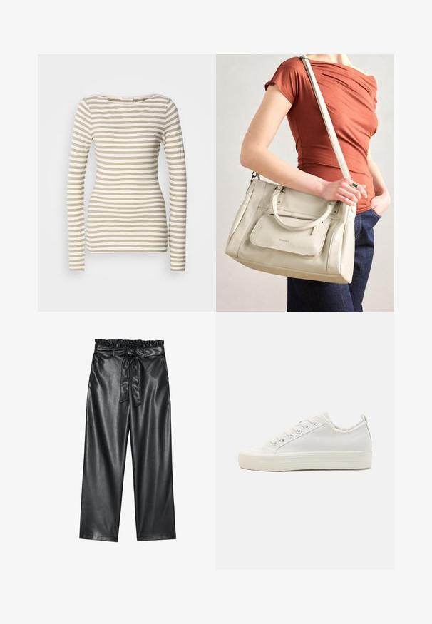 Ilga rankovėmis dryžuota palaidinė šviesiai ruda ir balta. Minkšta medvilnė su plačiu kaklu. Prigludęs dizainas su siaurais horizontaliais dryželiais.; Juoda dirbtinės odos plačių kojų kelnės su elastingu, pūkuotu liemeniu ir nuimamu raišteliu. Lygus paviršius ir minimalus blizgesys.; Balti drobės sportbačiai su tekstūruotu paviršiumi, apvalia pirštine, plokščiu padu ir raišteliais priekyje. Yra šiek tiek nusidėvėjęs apykaklė ir kilpa.; Balta odinė rankinė su dviem rankenomis ir nuimama petneša, turinti priekinį užtrauktuką ir lygų paviršių. Nešama ant žmogaus rankos.; Sidabrinė lankinė auskarai su poliruotu paviršiumi, turintys mažus auksinius akcentus ir apvalią formą, dėvimi ant ausies kaušelio.