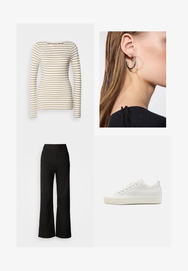 Dlhý rukáv pruhovaný top v béžovej a bielej farbe. Mäkko bavlnené tkanivo s výstrihom lodičkového typu. Úzky strih s úzkymi horizontálnymi pruhmi.; Čierne široké nohavice s hladkou textúrou, vysokým pásom a jednoduchým dizajnom. Žiadne viditeľné vrecká ani ozdoby.; Biele plátkové tenisky s textúrovaným zvrškom, okrúlymi špičkami, plochou podrážkou a šnurovaním vpredu. Vyznačujú sa jemne ošúchaným golierom a pútkom.; Strieborná kruhová náušnica s lesklým povrchom, obsahujúca malé zlaté akcenty a okrúhly tvar, nosená na lalôčiku ucha.