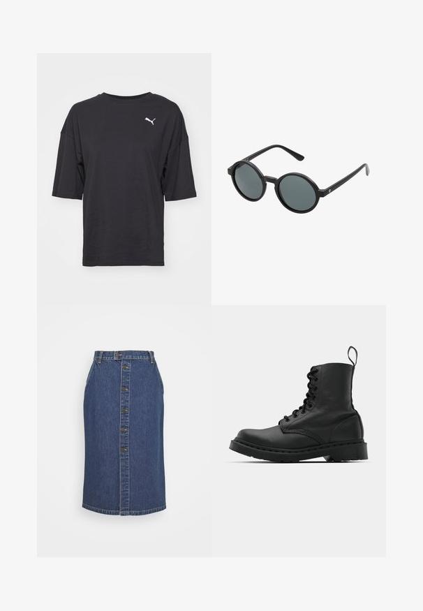 Black oversized t-shirt made of cotton, featuring short sleeves and a round neckline, with a white Puma logo on the left chest.; Denim pencil skirt in dark blue, featuring a front button closure, vertical seam detailing, and a classic hemline.; Black leather combat boot with a round toe, lace-up front, and a pull tab at the ankle. Features a thick rubber sole for durability.; Round sunglasses with a black plastic frame and dark gray lenses. Features thin, straight arms with minimalist accents.