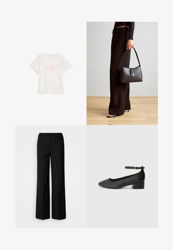 T-shirt bianco in cotone con maniche corte e larghe. Presenta il testo "GOOD TIMES" di colore rosa chiaro, centrato nella parte anteriore. Design semplice e rilassato.; Pantaloni neri a gamba larga in tessuto morbido, con vita alta, cuciture sartoriali e design minimalista. Nessuna ferramenta visibile o tasche.; Pump in pelle nera con punta affusolata e tacco basso a blocco. Presenta una cinghia alla caviglia con una fibbia in tonalità oro. Texture liscia.; Borsa nera con forma strutturata, texture liscia e una chiusura metallica. Abbinata a pantaloni neri larghi e sandali open-toe su un pavimento in legno.