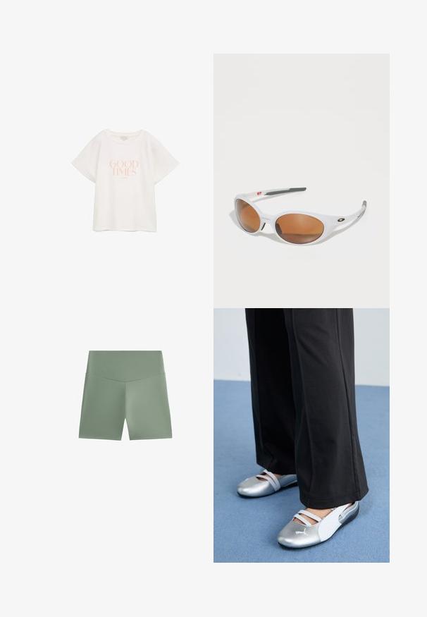 Weißes Baumwoll-T-Shirt mit kurzen, weiten Ärmeln. Auf der Vorderseite befindet sich der Text "GUTE ZEITEN" in hellrosa, zentral platziert. Einfaches, lässiges Design.; Grüne Sportshorts mit glatter Textur, hohem Bund und einem schlichten Design, das keine sichtbaren Muster oder Hardware-Details aufweist.; Silberne und weiße flache Schuhe mit überkreuzten Riemen und strukturierten Details, ergänzt durch lockere schwarze Hosen. Vor einem blauen Boden.; Weiße Sonnenbrille mit braunen Gläsern, ovale Form, aus glattem Kunststoff, mit grauen Akzenten an den Bügeln und einem Logo auf dem Rahmen.; Leichte beiger Canvas-Umhängetasche mit zwei robusten Griffen, kontrastierendem weißen Besatz und dem Logo "THE NORTH FACE" in Schwarz an der Vorderseite.