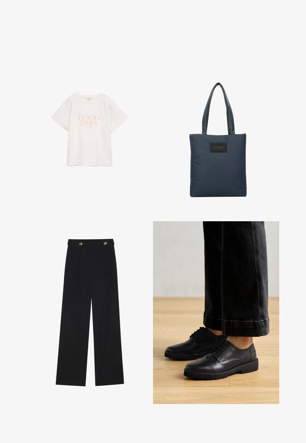 Tricou alb din bumbac, cu mâneci scurte și largi. Prezintă textul "TIMPI BUNI" în roz deschis, centrat pe față. Design simplu și relaxat.; Pantaloni negri cu picioare largi, talie înaltă, detalii cu butoane pe talie și pliseuri în față.; Pantofi negri din piele, cu șireturi, cu o textură netedă, vârf rotunjit și talpă groasă din cauciuc, asortați cu blugi dark cropped.; Geantă de umăr bleu marin din nailon neted, având două mânere texturate și un patch dreptunghiular negru cu logo-ul pe față.