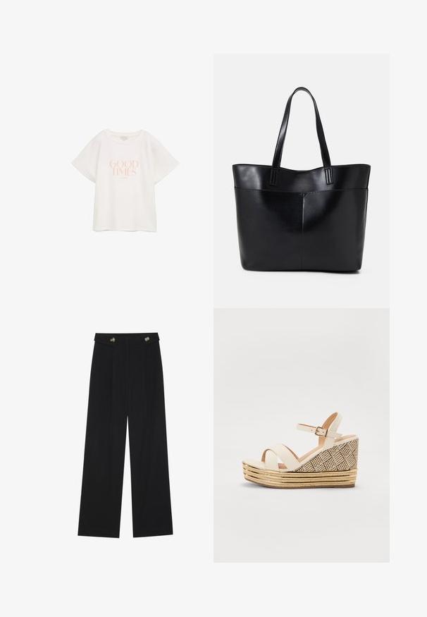 Bijela pamučna majica s kratkim, širokim rukavima. Na prednjem dijelu nalazi se tekst "DOBRI TRENUCI" u svijetloružičastoj boji, centriran. Jednostavan, opušten dizajn.; Crne hlače širokih nogavica s visokim strukom, s dugmadi na pojasu i prednjim nabora.; Sandale na petu s krema platnom na gornjem dijelu, prilagodljivim remenom oko gležnja i strukturalnom tkanom potplatom s zlatnim detaljima i slojevitom slamom.; Crna kožna torba s dugim ručkama, glatkom teksturom i strukturiranim oblikom. Ima prednju džep za dodatno pohranu.