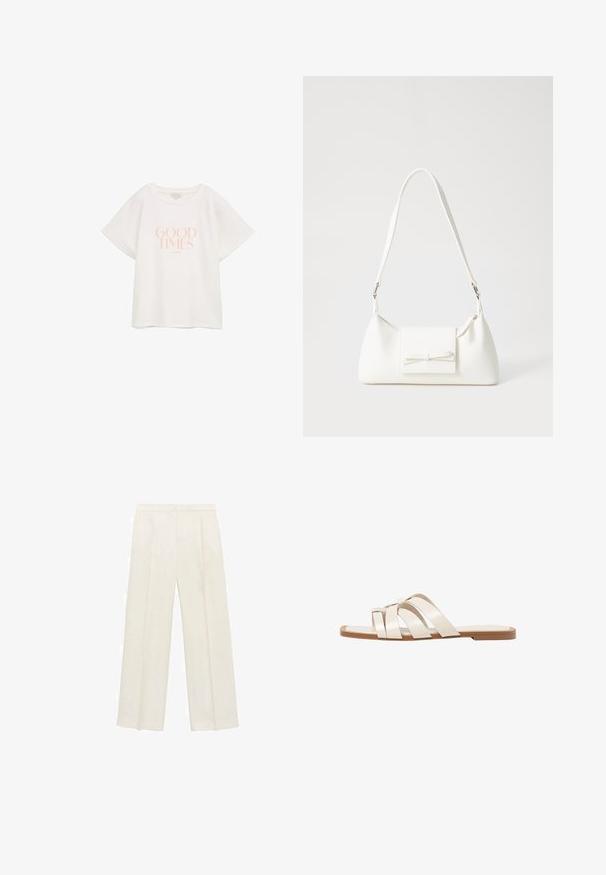 Weißes Baumwoll-T-Shirt mit kurzen, weiten Ärmeln. Auf der Vorderseite befindet sich der Text "GUTE ZEITEN" in hellrosa, zentral platziert. Einfaches, lässiges Design.; Weit geschnittene Hosen in einem hellen cremefarbenen Farbton. Hergestellt aus einem glatten Stoff mit Falten an der Vorderseite und seitlichen Taschen.; Flache Sandalen mit einer honigfarbenen Gummisohle, gestaltet mit drei überlappenden weißen Lederriemen und einem kleinen Schleifendetail in der Mitte.; Weiße synthetische Handtasche in dreieckiger Form, flache Vorderklappe und Schleifendetail, verstellbarer Trageriemen, glatte Textur und minimalistisches Design.