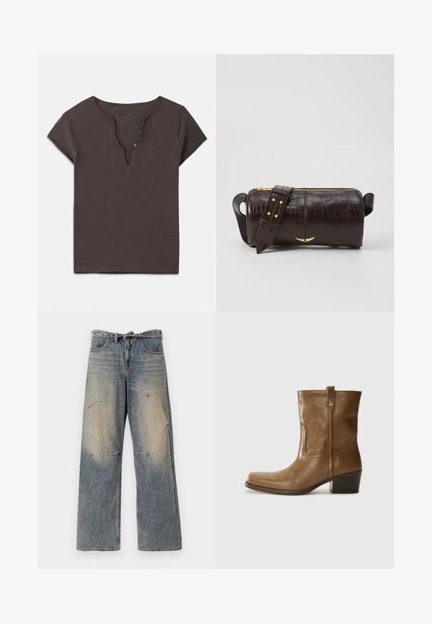 Tricou din bumbac gri închis, cu decolteu în V, mâneci scurte și o linie de nasturi pe față. Textură moale și design casual.; Jeans din denim albastru deschis cu un design lejer și drept pe picioare. Prezintă efecte de uzură, decolorare și detalii uzate în jurul genunchilor. Stil clasic cu cinci buzunare.; Botine din piele maro, cu vârf pătrat, finisaj texturat și toc mic, îngrămădit. Prezentă un tab de tragere la spate și detalii subtile de coasere.; Geantă din piele căptușită cu un model de crocodil de culoare maro, cu o formă cilindrică, accesorii de culoare aurie și un curea detasabilă cu tăieturi.