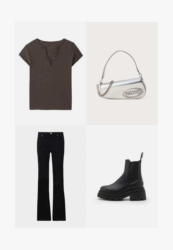 Dark gray cotton t-shirt with a V-neckline, short sleeves, and a row of buttons down the front. Soft texture and casual design.; Black flared jeans made of denim, featuring two front pockets, a button closure, and a smooth texture. Signature stitching visible at seams.; Black chelsea boots made of smooth leather with elastic side panels, a thick, ridged rubber sole, and a pull tab at the back.; Silver metallic handbag with a rounded triangular shape, featuring a logo, chain strap, and smooth texture. Zipper closure on the side.