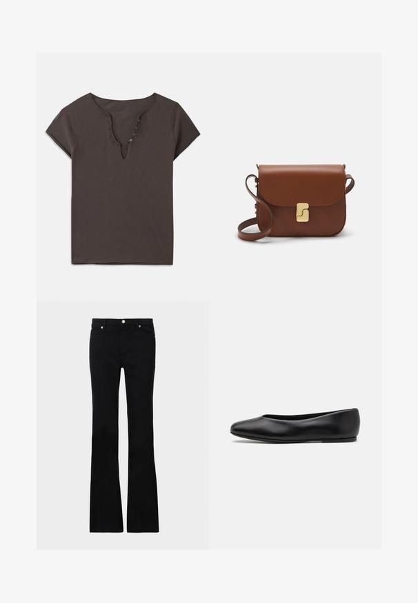 Dark gray cotton t-shirt with a V-neckline, short sleeves, and a row of buttons down the front. Soft texture and casual design.; Black flared jeans made of denim, featuring two front pockets, a button closure, and a smooth texture. Signature stitching visible at seams.; Paul Smith TOPANGA - Ballet pumps - black; Brown leather handbag with a flap closure, gold-tone hardware, a shoulder strap, and a smooth texture. Compact rectangular shape.