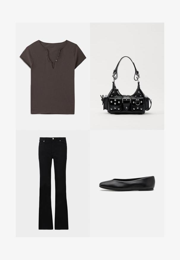 T-shirt de algodão cinza-escuro com decote em V, mangas curtas e uma linha de botões na parte da frente. Textura suave e design casual.; Calças pretas de ganga em corte flare, com dois bolsos frontais, fecho com botão e uma textura suave. Costura característica visível nas costuras.; Paul Smith TOPANGA - Sabrinas - black; Bolsa de couro preta com um design curvado, apresentando tachas prateadas, uma fivela e dois bolsos laterais. Alça ajustável para opções de transporte.