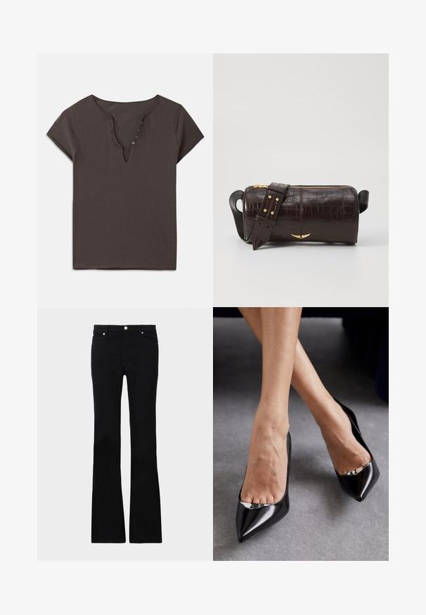 Donkergrijze katoenen t-shirt met een V-hals, korte mouwen en een rij knopen aan de voorkant. Zachte textuur en casual ontwerp.; Zwarte flared jeans van denim, met twee voorzakken, een knoopsluiting en een gladde textuur. Kenmerkende stiksels zichtbaar bij de naden.; Zwarte leren hoge hakken met een spitse neus en open ontwerp, voorzien van een decoratief zilveren accent. Gladde textuur met een gepolijste afwerking.; Bruine krokodil-embosserende leren tas met een cilindervorm, gouden hardware en een afneembare schouderband met studs.
