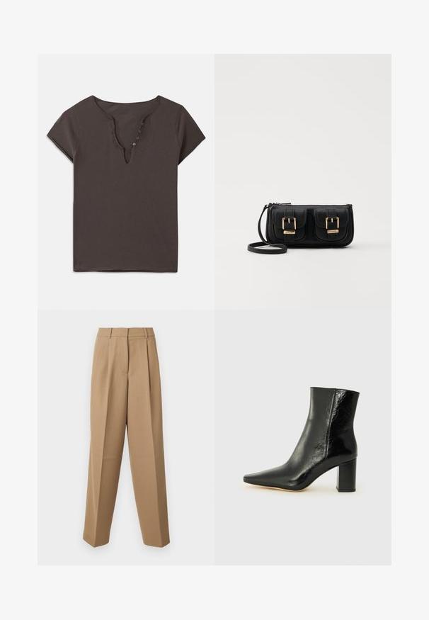 Mørk grå bomull t-skjorte med V-hals, korte ermer, og en rad med knapper nedover fronten. Myk tekstur og uformell design.; Beige skræddersyede bukser med høj talje, plisseret front og brede ben. Stof virker glat med en let glans.; Svart ankelstøvel laget av blankt lær med spiss tå og en robust, firkantet hæl. Har en glatt tekstur og en minimalistisk design.; Svart skinn crossbody veske med to frontlommer, gyldne spenner, glidelåslukking og en slank stropp. Teksturert overflate og kompakt rektangulær form.