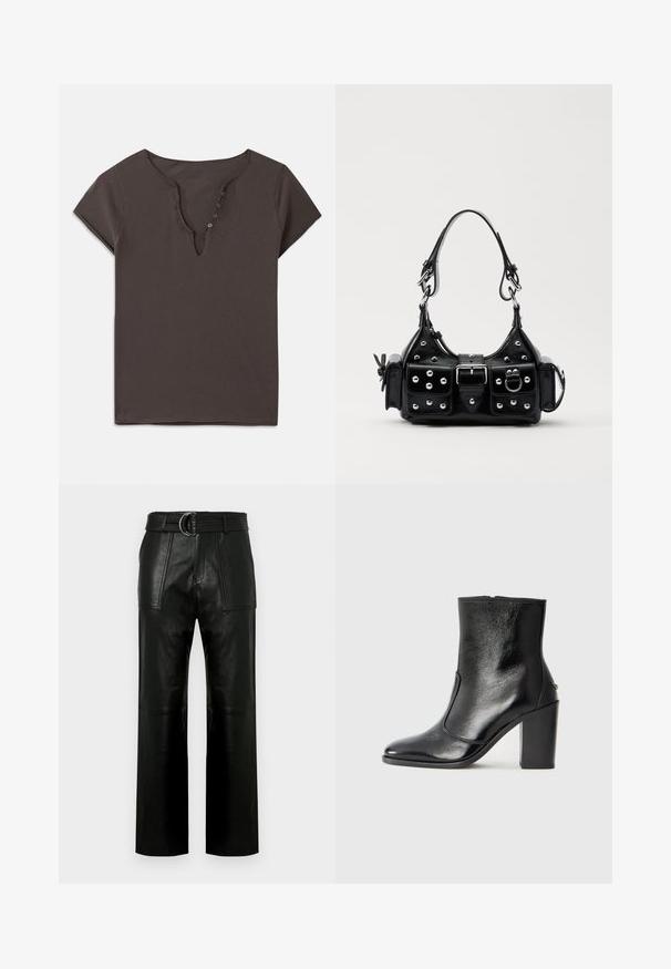 Tmavo šedé bavlnené tričko s V-výstrihom, krátkymi rukávmi a radom gombíkov na prednej strane. Mäkká textúra a ležérny dizajn.; Vysoké čierne kožené nohavice s širokými nohavicami, veľkými prednými vreckami a zodpovedajúcim opaskom s dvojitým krúžkovým sponou.; Čierna kožená kotníková obuv s hladkým povrchom, špicatou špičkou a masívnym vysokým podpätkom. Zdobená bočným otvorom a minimalistickým dizajnom.; Čierna kožená kabelka s zakriveným dizajnom, doplnená striebornými cvočkami, prackou a dvoma bočnými vreckami. Nastaviteľný popruh poskytuje rôzne možnosti nosenia.