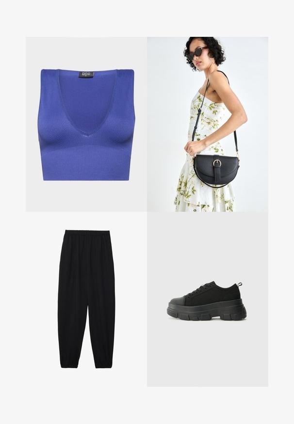 Bralette roxo canelado com um design de decote em V, apresentando uma textura suave e uma forma justa. Etiqueta visível na gola.; Calças pretas, leves, com um cinto elástico e punhos franzidos. O tecido é suave e apresenta um design relaxado e afunilado.; Sneakers pretos com sola de borracha robusta, parte superior de tecido texturizado, bico redondo e design de atacadores. Apresenta ilhós reforçados e uma alça na parte posterior.; Bolsa de couro preta com forma curva, alça destacável e detalhes em dourado. A bolsa possui uma aba com detalhe de fivela.