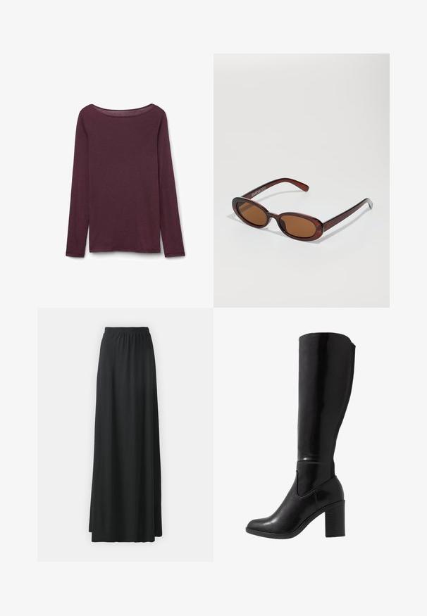 Langsleeve top in diep bordeaux, met een ronde hals, zachte stof en een relaxte pasvorm met zijsplitten aan de onderkant.; Zwarte maxi rok van zachte, rekbare stof met een elastische tailleband, gekenmerkt door een vloeiende, A-lijn silhouet.; Knee-high zwarte glanzende haklaarzen met een ronde neus, een gladde textuur, zijuitsnijding en een chunky gestapelde hak.; Ronde, bruin getinte zonnebril met een glanzend bordeauxrood frame. Slanke pootjes met subtiele merkdetails. Vlakke lensontwerp.