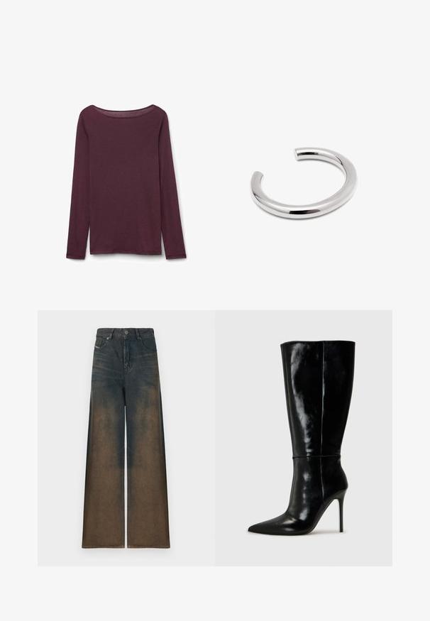Długi rękaw w głębokim burgundzie, z okrągłym dekoltem, miękkiego materiału i luźnym fasonem z bocznymi rozcięciami u dołu.; Jeansy typu wide-leg w ciemnym denimu, z gradientowym przejściem od ciemnego do jasnobrązowego, z klasycznym pięciokomorowym wzorem i metalowym zapięciem na guzik.; Czarne skórzane wysokie buty za kolano z ostro zakończonym noskiem i wysokim obcasem w kształcie szpilki. Gładka tekstura i smukły design, z minimalnymi detalami.; Srebrna bransoletka na nadgarstek o gładkim, zaokrąglonym kształcie. Posiada bezszwowe, wypolerowane wykończenie z otwartym końcem dla łatwego zakupu.