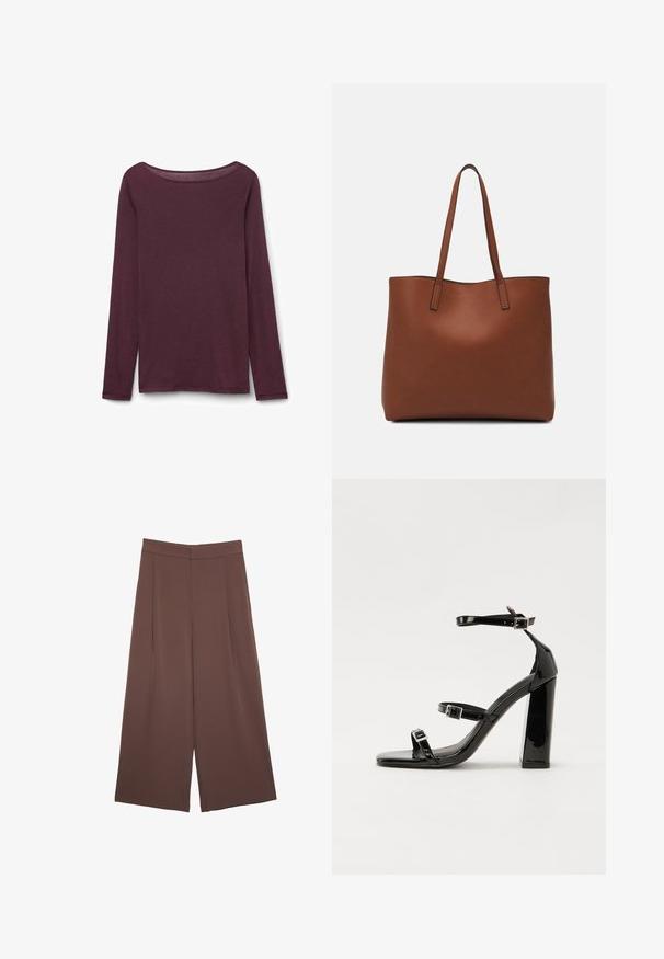 Long-sleeve top in deep burgundy, featuring a scoop neck, soft fabric, and a relaxed fit with side slits at the hem.; Brown wide-leg trousers with a smooth texture, featuring a high waist and front pleats. The fabric is lightweight and flows loosely.; Black patent heeled sandals with a square toe, ankle straps, and silver buckles. Features a chunky block heel for stability.; Brown leather tote bag with a smooth texture, open top design, and two shoulder straps. Features minimal stitching and no visible hardware.