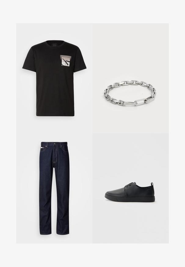 Černé bavlněné tričko s kulatým výstřihem; na levé straně u kapsy se nachází geometrická grafika v odstínech šedé.; Tmavomodré džínové kalhoty se střihováním rovného nohavice, s knoflíkovým zapínáním, pěti kapsami a kontrastním prošíváním.; Černé kožené tenisky s hladkým povrchem, zaoblenou špičkou, tónovým prošíváním, šněrovacím uzávěrem a plochou gumovou podrážkou. Očko na patě.; Stříbrný řetízek na zápěstí se zaoblenými a obdélníkovými články s hladkým povrchem. Vyrývané logo Calvin Klein na plochém článku.