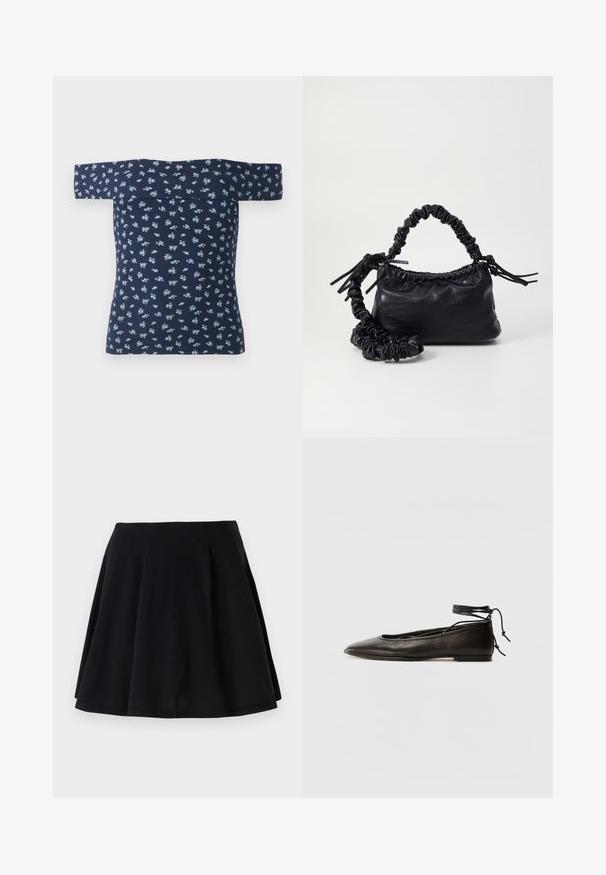 Tengerészkék, vállfeles blúz bordázott textúrával és kis világoskék virágmintával. A testhezálló fazon kiemeli az alakot, rövid ujjakkal.; Fekete pamut szoknya bővülő szabással, derékrészen redőzött kialakítással és sima textúrával. Kiváló választás hétköznapi viseletre.; Fekete bőr balettcipők hegyes orral, bokakötővel és lapos talppal, sima textúrával és minimalista dizájnnal.; Fekete műbőr kézi táska krokodil bőr textúrával, összehúzható tetejű és gyűrt pánttal. Lágy és kompakt dizájnúnak tűnik.
