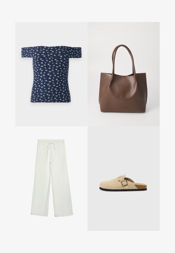 Mornarsko modra bluza brez naramnic z ribasto teksturo in majhnim svetloblue cvetličnim vzorcem. Prilegajoča zasnova poudarja obliko, kratki rokavi.; Bele široke hlače iz mehkega blaga. Imajo elastičen pas s vrvico in gladko teksturo. Brez vidnih vzorcev ali kovinskih delov.; Bež sueded klompe na potplat s koricom, zaobljenim vrhom i jednostavnom trakom s zlatnim kopčom. Gumeni potplat za prianjanje.; Rjava usnjena torba z dvema dolgima ročajema, strukturirane oblike, gladke teksture in minimalisticnega dizajna. Ni vidne strojne opreme ali dodatkov.
