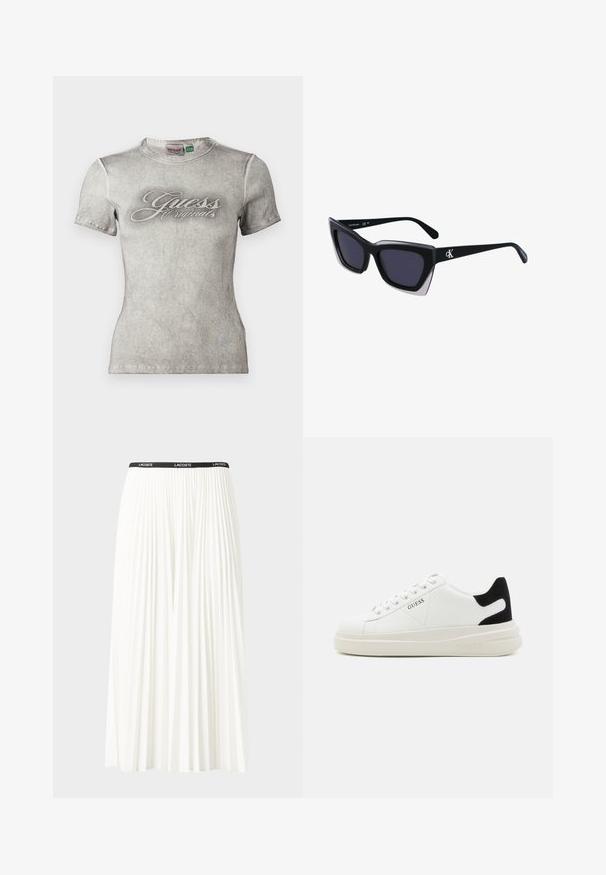 T-shirt cinza com textura canelada e design ajustado, apresentando um logo branco "Guess Originals" na parte da frente e mangas curtas.; Saia plissada branca com uma cintura elástica preta que apresenta o logótipo "LACOSTE". Design de comprimento médio com textura suave.; Sapatilhas brancas de couro com uma sola branca espessa, detalhe em camurça preta no calcanhar e logótipo em relevo na lateral. Design com atacadores e seis ilhós.; Óculos de sol oversized pretos com forma geométrica, apresentando lentes escuras e um detalhe cinza em contraste na armação. Logotipo na haste.