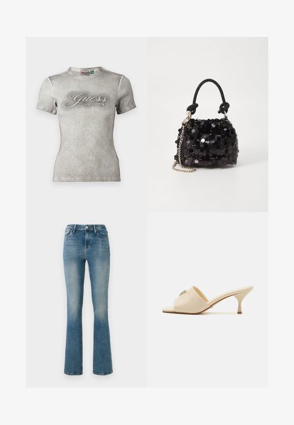 Pilkas juostuotas marškinėliai su prigludusia forma, su baltu "Guess Originals" logotipu priekyje ir trumpomis rankovėmis.; Šviesiai mėlyni džinsai su plačiomis apačiomis, penkiomis kišenėmis, aukštu liemeniu ir siuvinėjimo detalėmis. Medžiaga turi šiek tiek išblukusį skalbimo efektą ir lygią tekstūrą.; Smėlio spalvos patentuotas odinis atviras mules tipo sandalai su žemu stiletto kulnu. Zentralinis dekoratyvinis akcentas priekyje. Lygi, blizgi apdaila.; Juodas blizgučių mini rankinukas su mazguotu tekstūruotu dirželiu ir sidabro grandine. Suapvalinta forma su susiraukšlėtopu ir atspindinčiomis detalėmis.