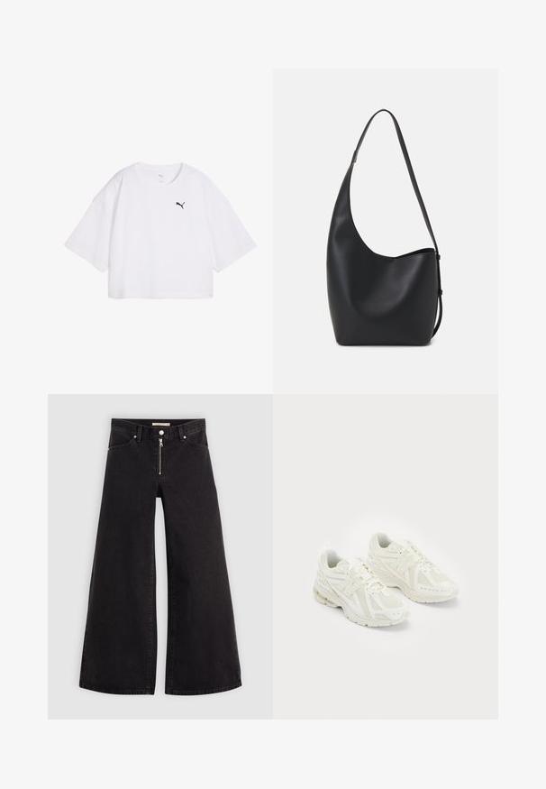 Balts īsais T-krekls izgatavots no kokvilnas. Tam ir apaļa kakla izgriezums un brīvi pieguļoši īsie piedurknes. Melns Puma logo kreisajā krūtī.; Platas kājas džinsi melnā džinsa audumā ar rāvējslēdzēju priekšā, piecu kabatu dizains un smalkas šuvju detaļas. Gluda tekstūra un ikdienišķs stils.; Baltie sporta apavi ar sietveida un sintētiskiem materiāliem, ar auklām, mīkstināta apmales, un teksturētu zoli labākai saķerei. Vieglas konstrukcijas.; Melnas ādas hobo soma ar gludu tekstūru, izliekta forma un vienu regulējamu jostu; augšā ir plaša atvere.