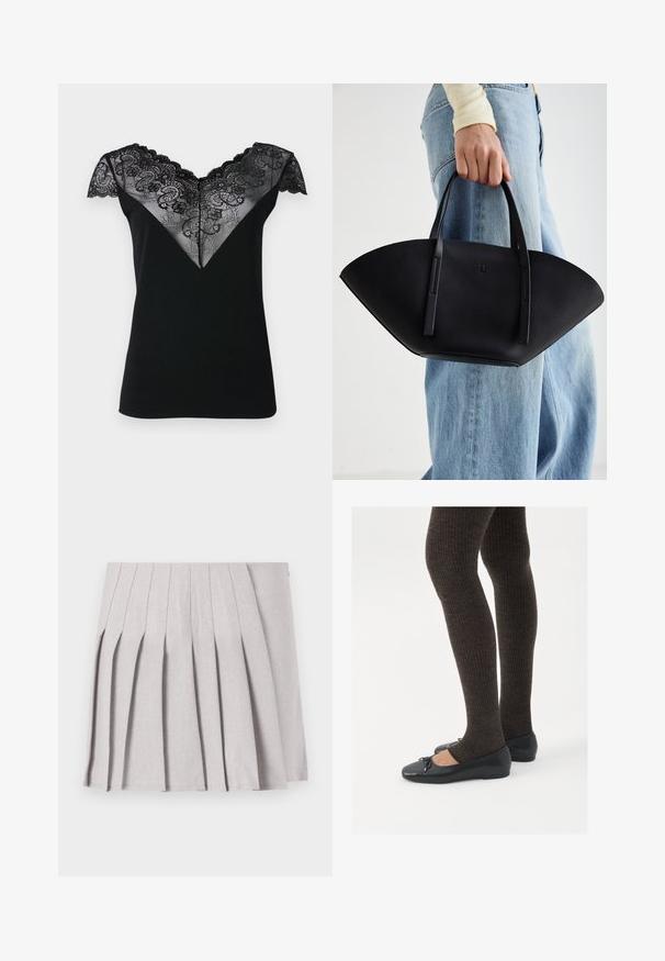 Top preto de manga curta com sobreposição em renda em forma de V, apresentando padrões florais intrincados e bordas em forma de onda ao longo do decote e das mangas.; Saia cinza plissada com uma textura suave, apresentando múltiplos pregas verticais e uma cintura ajustada. Feita de tecido leve.; Sapatos planos pretos com um pequeno laço na ponta, emparelhados com meias-calças caneladas castanhas escuras. Os sapatos têm uma textura suave e um design discretamente baixo.; Bolsa de mão em couro preto com uma forma única em leque, apresentando alças planas. A superfície tem uma textura pebble e um design minimalista.