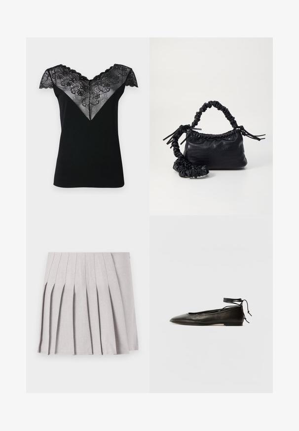 Must värvi lühikeste varrukatega tops, mis sisaldab V-kujulist pitsi ülekatet, millel on keerukad lillemustrid ja lainelised servad kaeluses ning varrukatel.; Hallgray plekilise seelik sujuva tekstuuriga, millel on mitu vertikaalset voldikest ja sobiv talje. Valmistatud kerge kangaga.; Must mustast balletijalatsid, millel on terav nina, pahkluu seotud ja lame tall, sujuva tekstuuri ning minimalistlik disain.; Must must sünteetilisest nahast käekott, millel on krokodillimuster, kokku tõmmatav ülaosa ja kortsus rihm. Tundub pehme ja kompaktne disain.