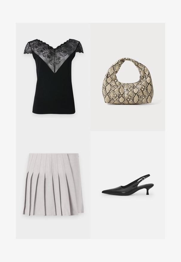 Melns īsām piedurknēm tops ar V veida mežģīņu pārklājumu, kuram ir sarežģīti ziedu raksti un viļņotas malas ap kakla izgriezumu un piedurknēm.; Pelēka pleitota svārku ar gludu tekstūru, kas piedāvā vairākus vertikālus savilkumus un pieguļošu jostasvietu. Izgatavots no viegla auduma.; Melnas ādas slīdošās kurpes ar norādītu pirkstu un šauru, izliekta papēdi. Ar diskrētu regulējamu siksniņu ar metāla sprādzi.; Čūsku raksta soma ar izliekto rokturi. Izgatavota no teksturētiem, bēšiem un brūniem materiāliem, ar izteiksmīgu dimanta rakstu.