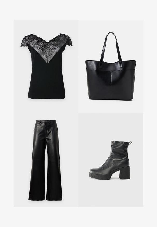 Top nero a maniche corte con sovrapposizione di pizzo a forma di V caratterizzata da intricati motivi floreali e bordi ondulati lungo il collo e le maniche.; Pantaloni ampi a vita alta in ecopelle neri con bottone frontale, chiusura con zip, passanti per cintura e tasche laterali su sfondo bianco.; Stivali neri alla caviglia in pelle liscia, con zip laterale, tacco spesso e texture, e punta arrotondata.; Borsa a tracolla in pelle nera con due manici lunghi, una texture liscia e una forma strutturata. Presenta una tasca frontale per ulteriore spazio di archiviazione.