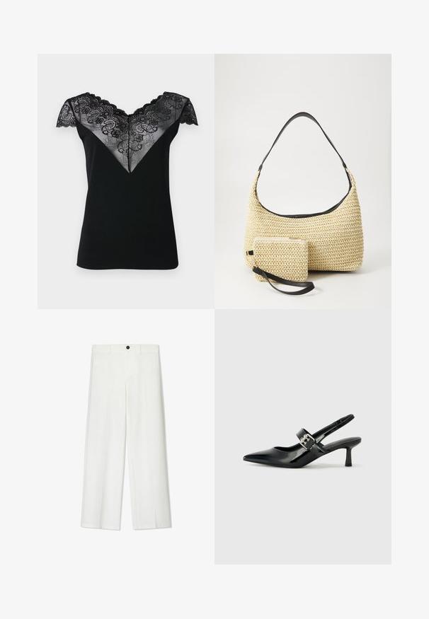 Top negru cu manichi scurte, având un overlay din dantelă în formă de V, cu modele florale intricate și margini ondulate pe decolteu și manșete.; Pantaloni albi, cu croi larg, dintr-o textură fină, cu închidere frontală cu buton și bucle pentru curea, concepuți pentru o încălțare confortabilă.; Sandale cu toc din piele patent neagră, cu vârful ascuțit și un toc mic bloc, având un accent cu cataramă argintie pe curea.; Geantă din paie țesută, cu o siluetă curbată, având o curea din piele neagră netedă și un plic mic asortat, atașat printr-un breloc pentru încheietură.