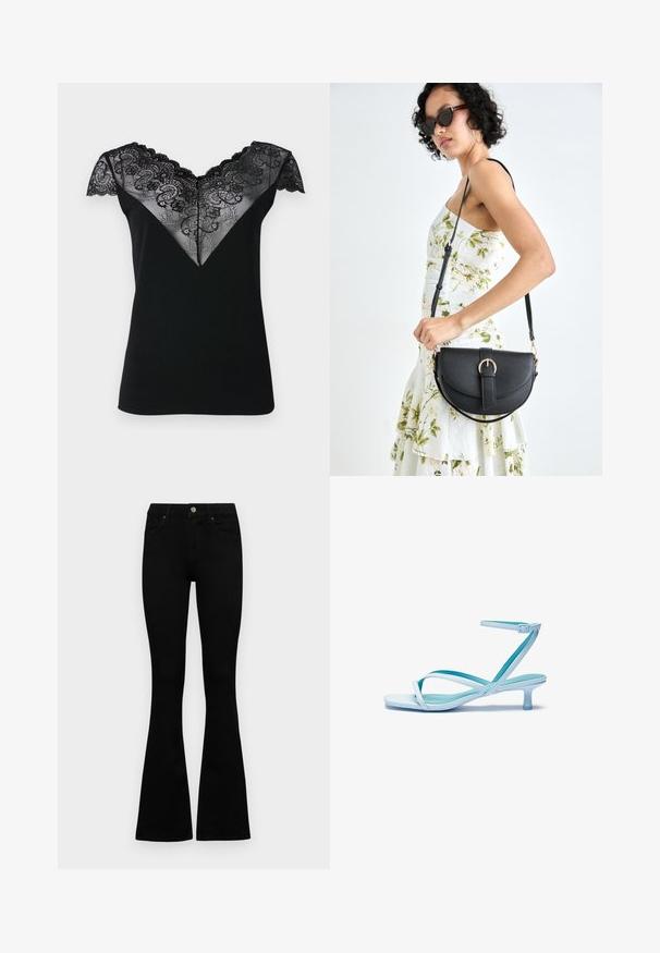 Top nero a maniche corte con sovrapposizione di pizzo a forma di V caratterizzata da intricati motivi floreali e bordi ondulati lungo il collo e le maniche.; Jeans neri a vita alta con chiusura a bottoni e zip, tasche frontali e gambali svasati, distesi su uno sfondo bianco.; Sandalini azzurri con cinturini, punta quadrata, tacco basso, cinturino alla caviglia regolabile e finitura liscia e lucida. Cinturini incrociati sulla suola.; Borsa a tracolla nera in pelle con una forma curva, manico rimovibile e accessori dorati. La borsa presenta una patta con un dettaglio a fibbia.
