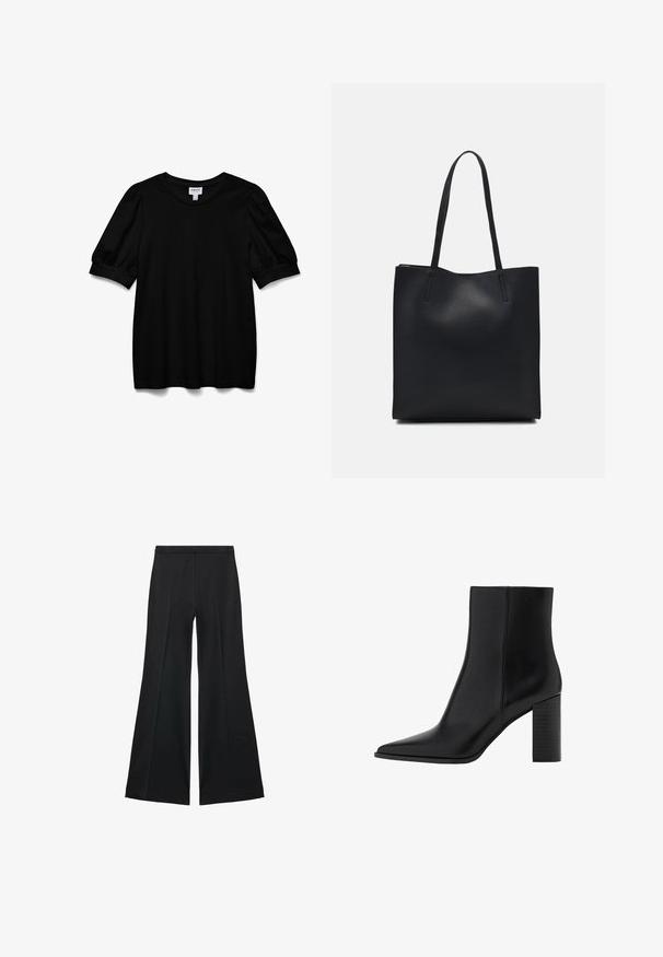 Černý krátký rukáv top s kulatým výstřihem, vyrobený z hladké tkaniny. Má nabírané rukávy a volný střih. Jednoduchý, nezdobený design.; Černé kalhoty s širokými nohavicemi a hladkou texturou, s předními sklady a přizpůsobeným střihem. Materiál je lehký a splývavý.; Černé kožené kotníkové boty s špičatou špičkou, čtveratým podpatkem, hladkou texturou a švy podél spojů. Výška podpatku je přibližně 8,9 centimetrů.; Černá kožená taška přes rameno s hladkým povrchem, obdélníkovým tvarem a dvěma dlouhými uchy. Žádné viditelné kování ani ozdoby.