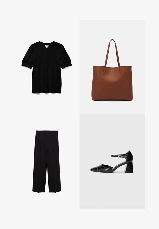 Čierny krátky rukávový top s okrúhlym výstrihom, vyrobený z hladkej látky. Má vypuklé rukávy a voľný strih. Jednoduchý, nezdobený dizajn.; Čierne široké nohavice s hladkým materiálom, s plisovaním vpredu a bočnými vreckami, navrhnuté v rovnom a uvoľnenom strihu.; Čierna lakovaná kožená vysoká opätková topánka s špicatou špičkou, remienkom okolo členka a textúrovaným vzorom krokodíla. Dizajn so štvorcovým blokovým opätkom.; Hnedá kožená taška na rameno s hladkou textúrou, otvoreným vrchom a dvoma ramenými popruhmi. Má minimálne šitia a žiadne viditeľné kovania.