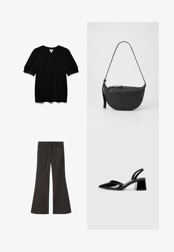 Čierny krátky rukávový top s okrúhlym výstrihom, vyrobený z hladkej látky. Má vypuklé rukávy a voľný strih. Jednoduchý, nezdobený dizajn.; Čierne rozšírené nohavice s vysokým pásom; majú dve bočné vrecká a hladkú textúru látky. Vhodné na rôzne príležitosti.; Čierne lakované kožené sandálové podpätky s špicatou špičkou a geometrickým blokovým podpätkom. Disponujú elegantným, minimalistickým dizajnom a hladkým povrchom.; Čierna kožená taška na rameno s oblým tvarom, jedným popruhom, zipsovým uzáverom a jemným šitím okolo tela.