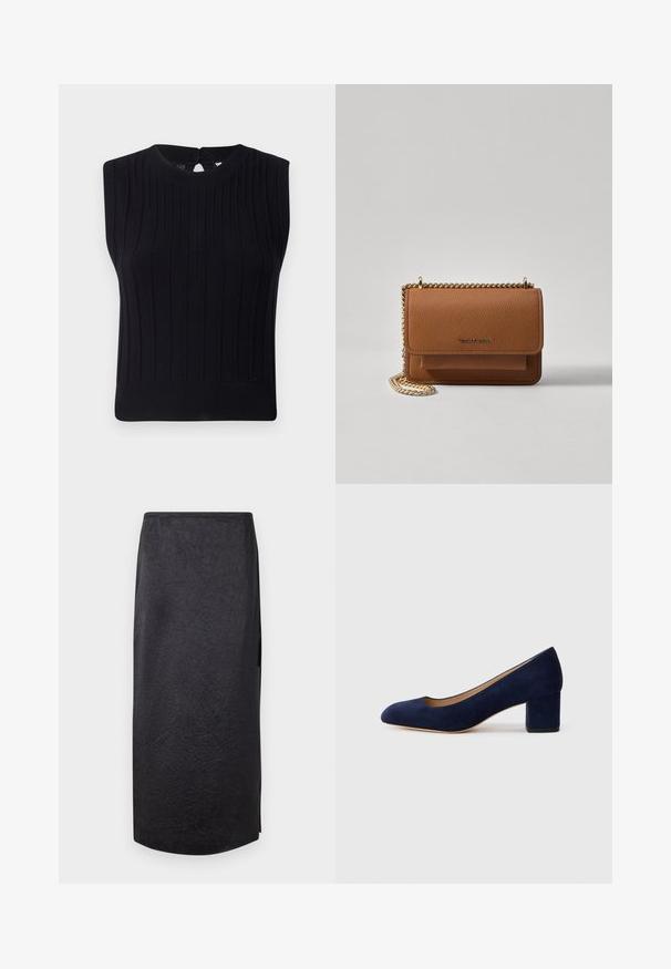 Fekete ujjatlan kötött felső bordázott mintával, lekerekített nyakkivágással és kis hátsó kulcslyuk nyílással.; Fekete midi szoknya gyűrött textúrával, egyenes szabással és oldalsó hasítékkal. Az anyag könnyűnek tűnik. A szoknya alja kissé kerekített.; Tengerészkék velúr, hegyes orrú pumpa, középmagas tömbsarkúval. Simítású felület finom fénylő hatással, elöl egy kis kivágással.; Barna textúrájú bőr keresztbody táska arany lánc pánttal és fedélzárral. Az elején logó részlet és egy zseb található a fedél alatt.