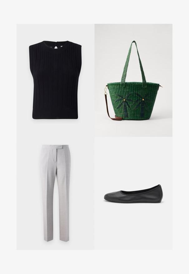 Melna bezpiedurkņu adīta blūze ar ribotu tekstūru, noapaļotu kakla izgriezumu un mazu atslēgas caurumu aizmugurē.; Gai pelēki piegriezti bikses, kas izgatavotas no smalkas struktūras auduma, ar plakanu priekšu, krokām un taisnu kāju dizainu. Sēž pie jostas.; Melna ādas baleta kurpe ar noapaļotu purngalu, gludu tekstūru, minimālu šuvju detalizāciju un elastīgu zoles dizainu.; Zaļš austs iepirkuma maisiņš ar palmu koku dizainiem tumšā zaļā krāsā; ar divām rokturiem un noņemamu brūnu ādas siksnu.