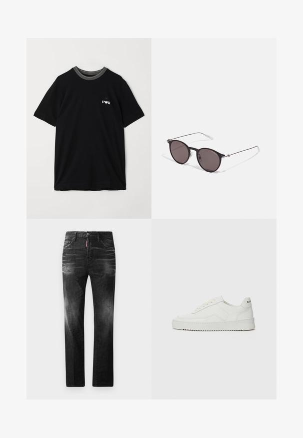 Svart bomulls T-shirt med korta ärmar, med en ribbad randig halsringning och en liten vit logotyp på bröstet. Standard passform.; Svarta denimjeans med rak passform. Har blekta områden, mindre slitningar, klassisk femficksdesign och knäppning med knapp.; Vita lädersneakers med en jämn yta, rund tå, platta snörningar och en strukturerad sula. Har en diskret logotyp på hälen.; Svarta runda solglasögon med mörka linser och smala metallarmar. Inkluderar klara tempeltips och silverdetaljer vid gångjärnet. Minimalistisk design.