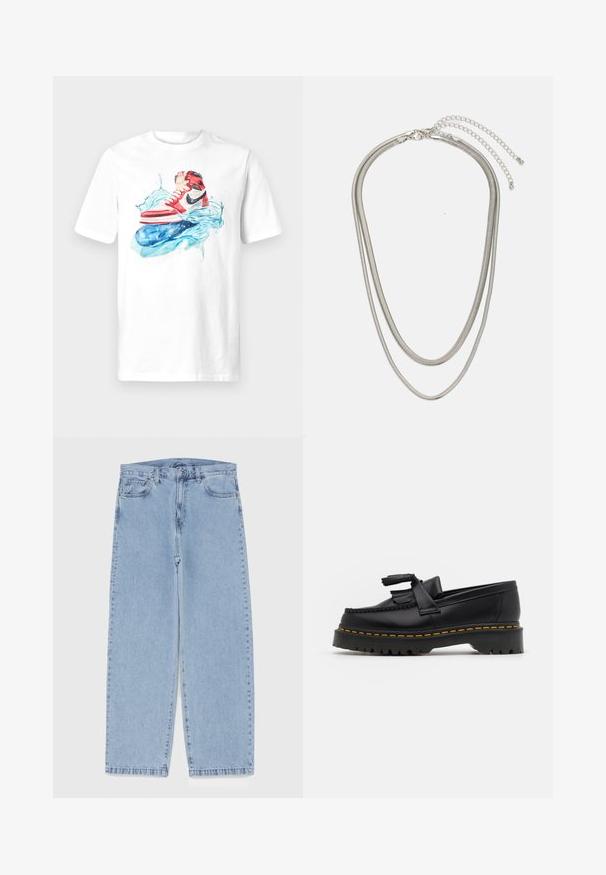 Camiseta blanca con un gráfico colorido de zapatillas rojas y negras sobre salpicaduras de agua azul estilizadas. Cuello redondo, mangas cortas, corte estándar.; Jean de mezclilla azul claro con diseño de pierna recta, con una cintura de altura media, cinco bolsillos y un cierre de botón y cremallera.; Mocasín de cuero negro con un acento de borlas, que presenta una suela gruesa negra y costuras amarillas a lo largo del borde. Acabado texturizado.; Collar de metal plateado de tres capas que presenta cadenas flexibles y elegantes con un ligero brillo, asegurado con un cierre de langosta y cadena ajustable.