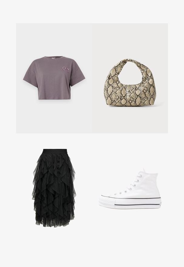 Kratka siva majica iz bombaža. Ima okrugli izrez i kratke rukave. Na prednjem levem delu se nahaja barvni logotip z besedilom "OZZY OSBOURNE".; Črna midi krila iz plastičnega tila z naborkami. Ima elastico v pasu. Prozoren material dodaja teksturo in gibanje.; Beli visoki platneni športni čevelj z črnim gumijastim podplatom, sprednjim gumijastim zaščitnikom za prste in šestimi luknjicami za vezalke, ki se ponaša s preprostim, minimalističnim dizajnom.; Torba z vzorom kače s ukrivljenim ročajem. Narejena iz teksturiranih, bež in rjavih materialov, ki imajo značilen diamante vzorec.