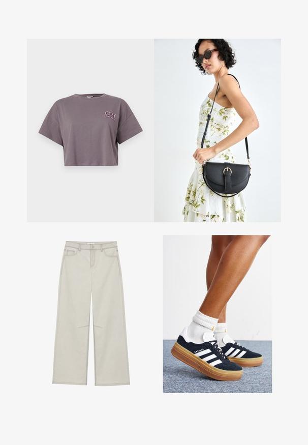 Lyhyttukkainen harmaa t-paita, joka on valmistettu puuvillasta. Ominaisuuksiin kuuluu pyöreä pääntie ja lyhyet hihat. Etuosan vasemmalla puolella on värikäs "OZZY OSBOURNE" -tekstilogo.; Vaaleanharmaat leveät housut, joissa on viisi taskua, edessä napp closure ja kontrastiväriset tikkaukset saumoissa. Kangas näyttää pehmeältä ja kestävältä.; Musta mokkanahkainen tennari, jossa valkoiset raidat ja yksityiskohdat, pyöreä kärki, purukumipohja, yhdistetty valkoisiin ribbineuleisiin nilkkasukkiin.; Musta nahkainen käsilaukku, joka on kaareva muotoilultaan, irrotettavalla hihnalla ja kultaisilla yksityiskohdilla. Laukussa on läppä, jossa on solk yksityiskohta.