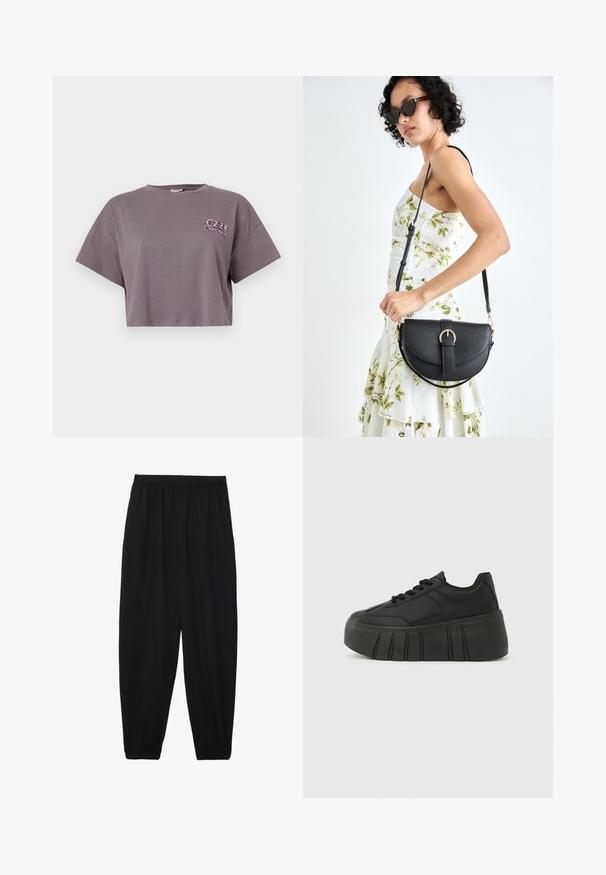 Kortermet grå t-skjorte laget av bomull. Har rund hals og korte ermer. Frontvenstre har fargerik "OZZY OSBOURNE" tekstlogo.; Svarte, lette bukser med elastisk liv og rynkede ankler. Stoffet er glatt og har en avslappet, innsvingt design.; Svarte plattform-sneakers med en glatt syntetisk overdel, rundet tå, snøring og en tykk, rillestøpt såle for ekstra høyde.; Svart lærveske med en buet form, avtagbar stropp og gullbeslag. Vesken har et klaff med spenne-detall.