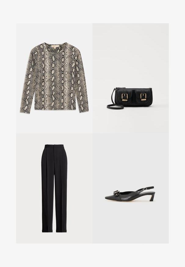 Langärmliges Oberteil mit einem Schlangenprint-Muster in Beige und Schwarz. Rundhalsausschnitt und strukturierter Stoff mit weicher Haptik.; Schwarze, taillierte Hose mit hoher Taille, mit Falten vorne, geradem Bein-Design und umgeschlagenem Saum. Aus glattem Stoff gefertigt.; Schwarzer Leder Slingback-Schuh mit spitzer Zehenform, kleinem Absatz und dekorativem Schnallen-Detail auf dem Obermaterial. Glatte Textur, minimalistisches Design.; Schwarze Leder-Umhängetasche mit zwei vorderen Taschen, goldenen Schnallen, Reißverschluss und einem schmalen Tragegurt. Texturierte Oberfläche und kompakte rechteckige Form.