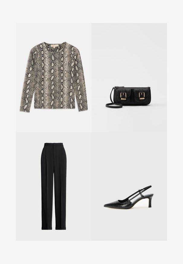 Długi rękaw bluzki z motywem węża w odcieniach beżu i czerni. Okrągły dekolt oraz teksturowany materiał o miękkim wykończeniu.; Czarne dopasowane spodnie z wysokim stanem, z kantami z przodu, prostą nogawką i mankietem na dole. Wykonane z gładkiego materiału.; Czarne lakierowane czółenka na obcasie typu slingback z wąskim noskiem, z teksturowanym wzorem wężowym, regulowanym paskiem oraz krótkim, teksturowanym obcasem w kształcie słupka.; Czarna skórzana torba na ramię z dwoma przednimi kieszeniami, złotymi klamrami, zamkiem błyskawicznym i cienkim paskiem. Teksturowana powierzchnia i kompaktowy prostokątny kształt.