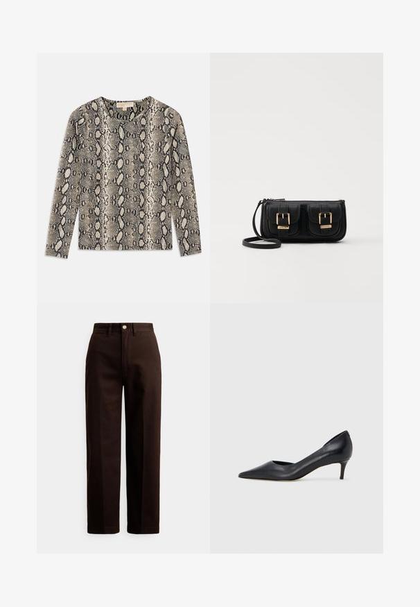 Long-sleeve top featuring a snake print pattern in beige and black. Round neckline and textured fabric with a soft finish.; Dark brown straight-leg pants with button and zipper closure, belt loops, and front pockets against a white background.; Black leather pump with a pointed toe and low heel. Features a smooth texture and subtle sheen. Open cut at the front for added detail.; Black leather crossbody bag with two front pockets, gold buckles, zipper closure, and a slim strap. Textured surface and compact rectangular shape.