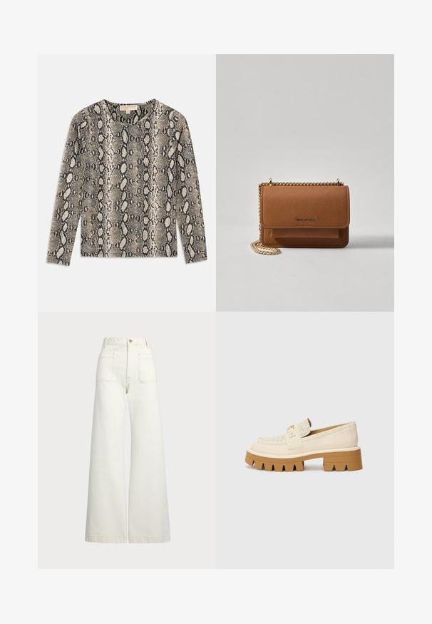 Langermet topp med slangeskinnmønster i beige og svart. Rund hals og teksturert stoff med myk finish.; Vidde bukser i off-white denim. Høyt liv-design med knappelukking, to frontlommer og kontrastsøm detaljer.; Beige loafers med en teksturert kremfarget stropp, med en kraftig brun såle med tannlignende mønstre. Gullfarge på spenne-detaljen.; Brun teksturert lær crossover-veske med gullkjede-stropp og klaffelukking. Fronten har logo-detalj og en lomme under klaffen.