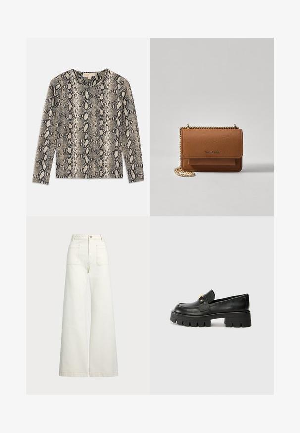 Maglietta a maniche lunghe con motivo a stampa serpente in beige e nero. Collo rotondo e tessuto texturizzato con una finitura morbida.; Jeans a gamba larga in denim bianco sporco. Design a vita alta con chiusura a bottone, due tasche frontali e dettagli di cucitura a contrasto.; Mocassini in pelle nera con suola spessa, caratterizzati da un accento dorato nella parte anteriore e una finitura liscia. Design della suola con profilo spesso.; Borsa a tracolla in pelle marrone con texture, dotata di catena dorata e chiusura a pattina. Sul davanti presenta un dettaglio con logo e una tasca sotto la pattina.