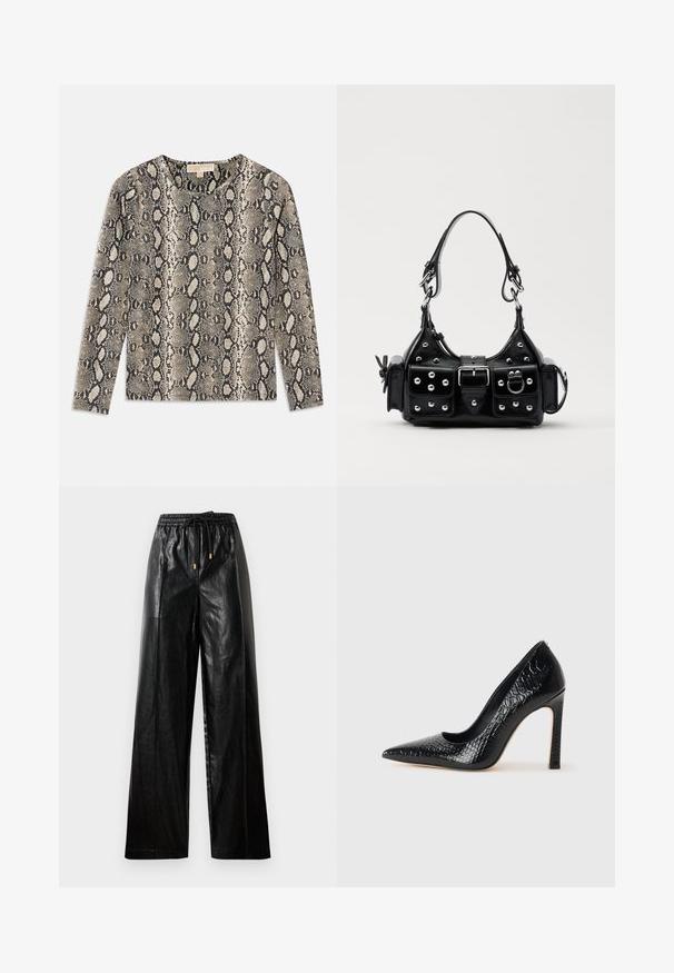 Maglietta a maniche lunghe con motivo a stampa serpente in beige e nero. Collo rotondo e tessuto texturizzato con una finitura morbida.; Pantaloni ampi in pelle nera con cintura elastica, cordoncino e accenti in metallo dorato. Texture liscia e vestibilità ampia.; Scarpa nera con punta a punta alta in pelle di coccodrillo, caratterizzata da un design elegante, alto tacco a spillo e interno nero liscio.; Borsa a mano in pelle nera con design curvo, caratterizzata da borchie argentate, una fibbia e due tasche laterali. Tracolla regolabile per diverse opzioni di trasporto.