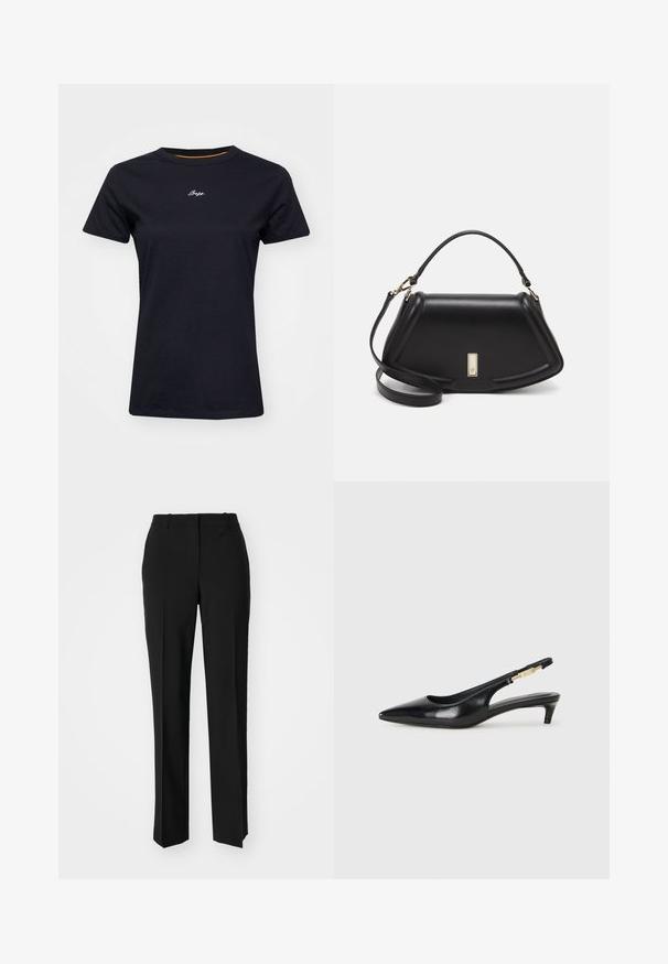 Black cotton t-shirt with short sleeves and a round neckline. Features white embroidered text on the front and an orange accent inside the collar.; Black tailored trousers with a straight-leg design, featuring a smooth texture and crisp creases along the front. No visible hardware.; Black leather slingback heels with a pointed toe, featuring a slim heel and a gold-tone accent on the adjustable strap. Smooth texture.; Black leather handbag with a structured design, featuring a cropped shape, top handle, and gold hardware accent. Adjustable shoulder strap included.